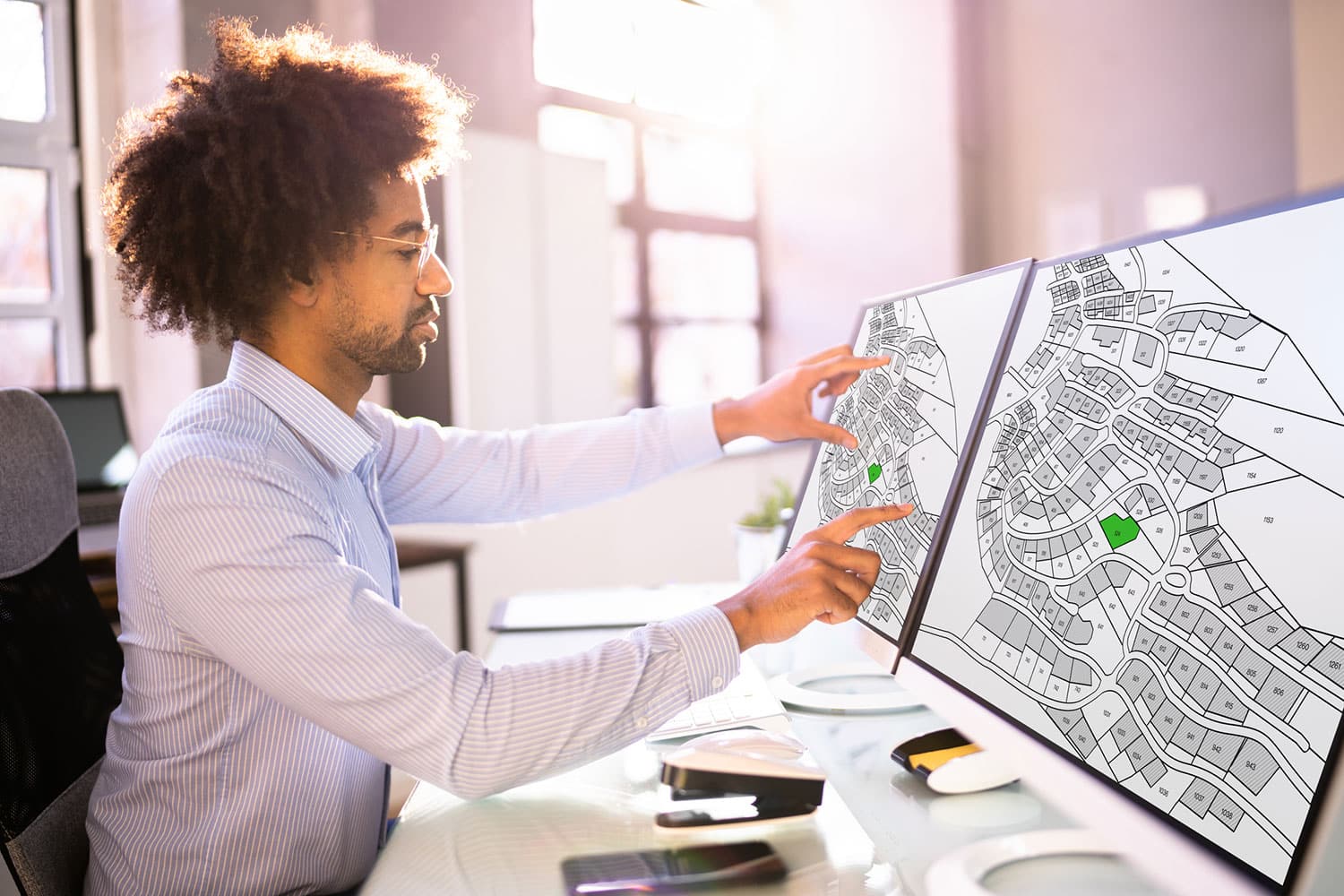A city manager reviews a street map on a computer monitor.